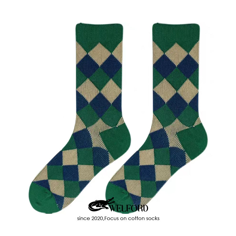 Checkered retro British style suit socks (pure cotton mid-calf socks)