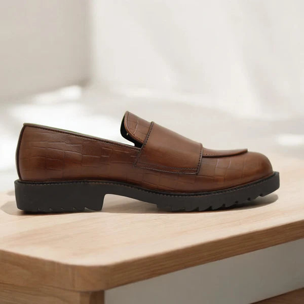 Brown Croc-Embosed Chunky Loafers