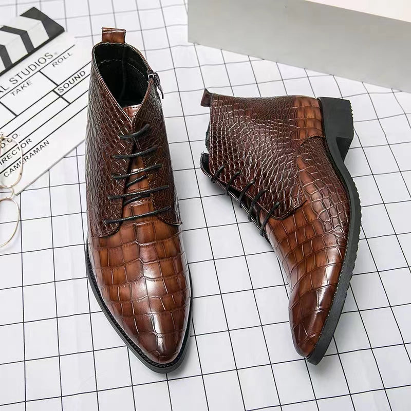 Men's crocodile pattern martin boots lace up pointed toe