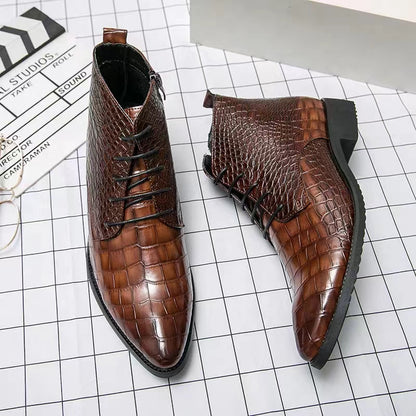 Men's crocodile pattern martin boots lace up pointed toe