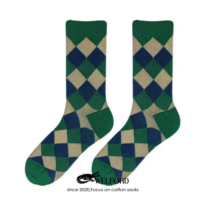 Checkered retro British style suit socks (pure cotton mid-calf socks)
