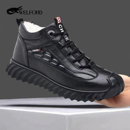 Crocodile pattern cowhide sheep wool warm men's shoes