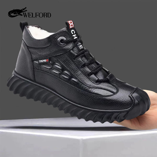 Crocodile pattern cowhide sheep wool warm men's shoes