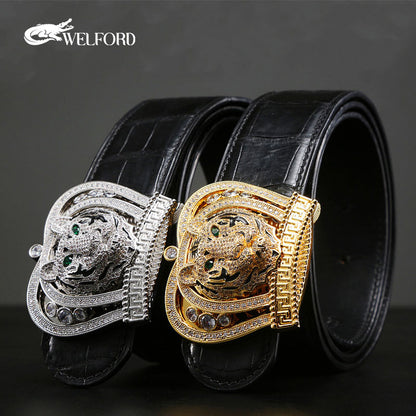New men's crocodile leather tiger head belt