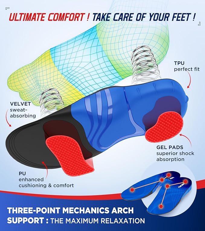 240+lbs Heavy Duty High Arch Support Orthotic Insoles for Plantar Fasciitis Pain Relief