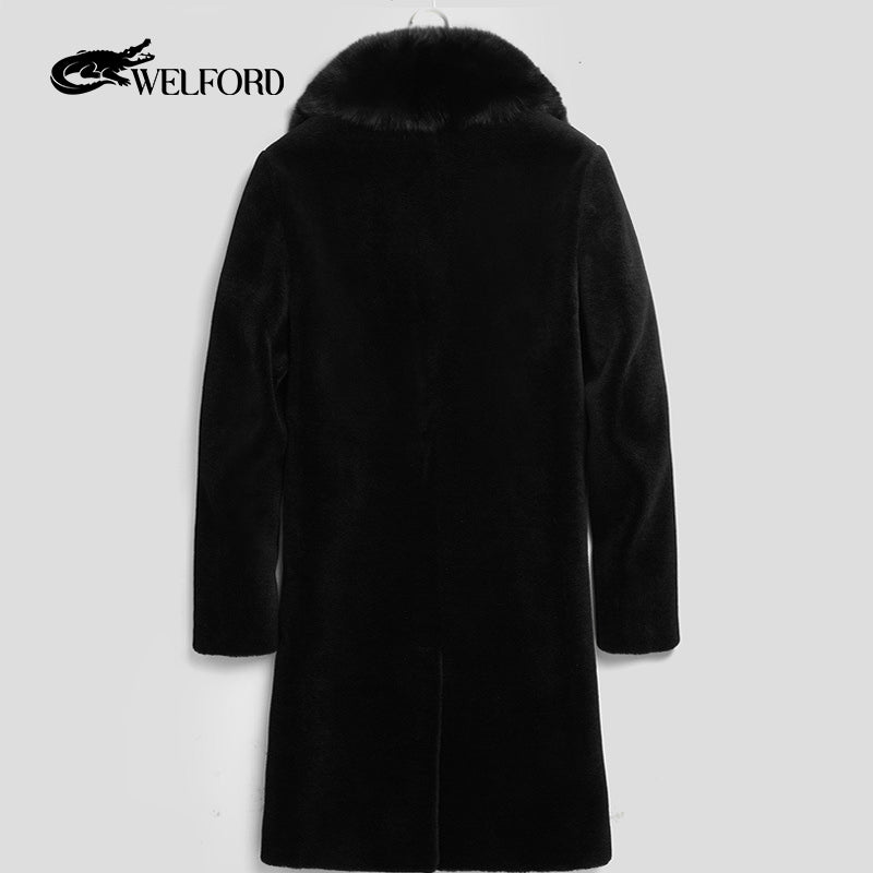 Men's mid-length genuine leather jacket with fox fur collar - fur coat