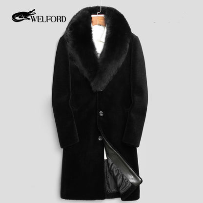 Men's mid-length genuine leather jacket with fox fur collar - fur coat
