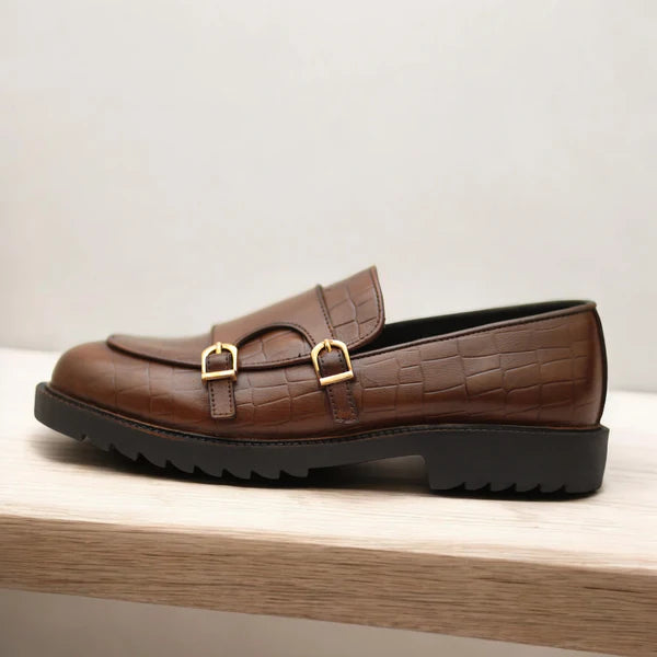 Brown Croc-Embosed Chunky Loafers