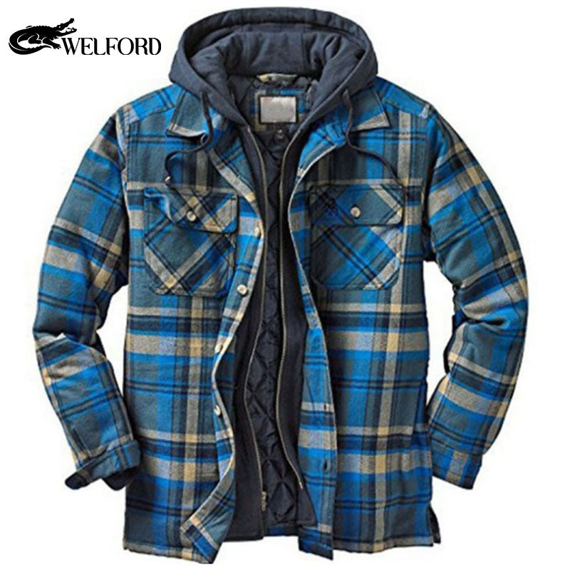 Men's cotton plaid long sleeve loose hooded jacket