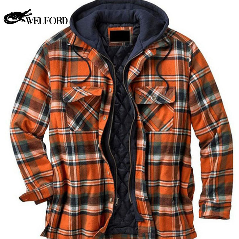 Men's cotton plaid long sleeve loose hooded jacket