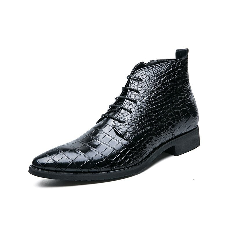 Men's crocodile pattern martin boots lace up pointed toe