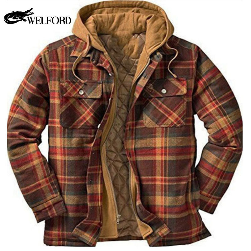 Men's cotton plaid long sleeve loose hooded jacket