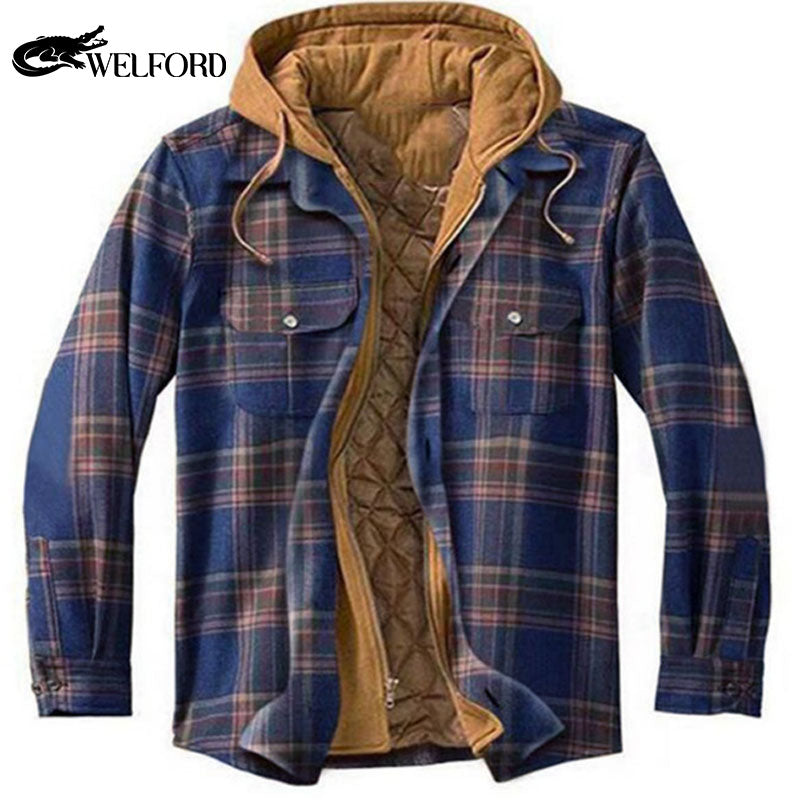 Men's cotton plaid long sleeve loose hooded jacket