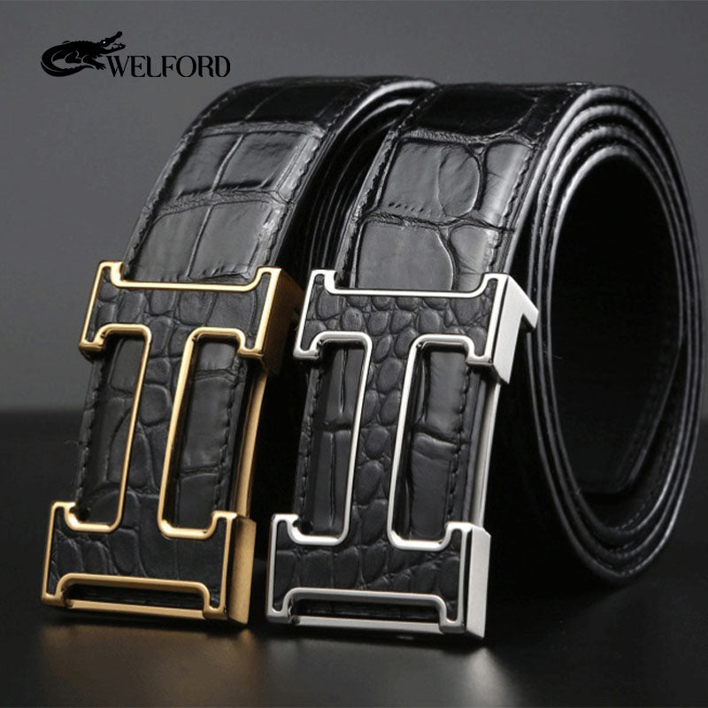 New men's smooth buckle crocodile leather belt