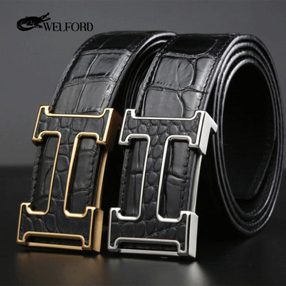 New men's smooth buckle crocodile leather belt
