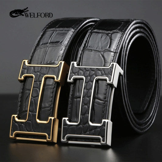 New men's smooth buckle crocodile leather belt